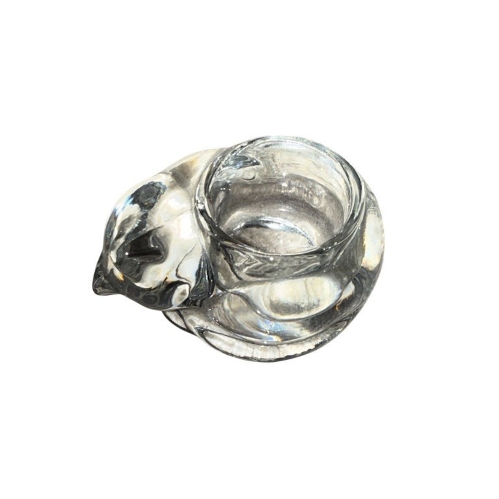 Indiana Glass Candle Holder Clear Sleeping Cat Kitty Tea Light Votive